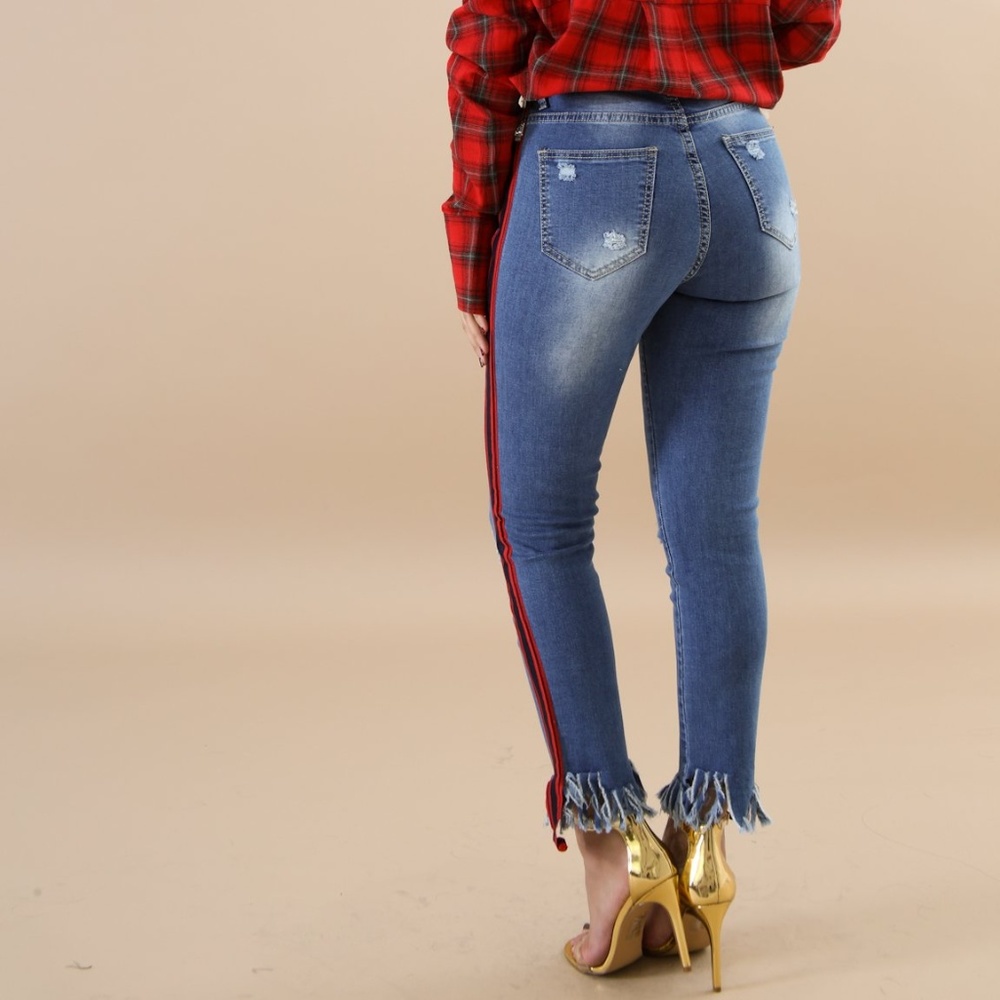 Red Stripe Distressed Fringed Jeans Juniors - Picture 4 of 5
